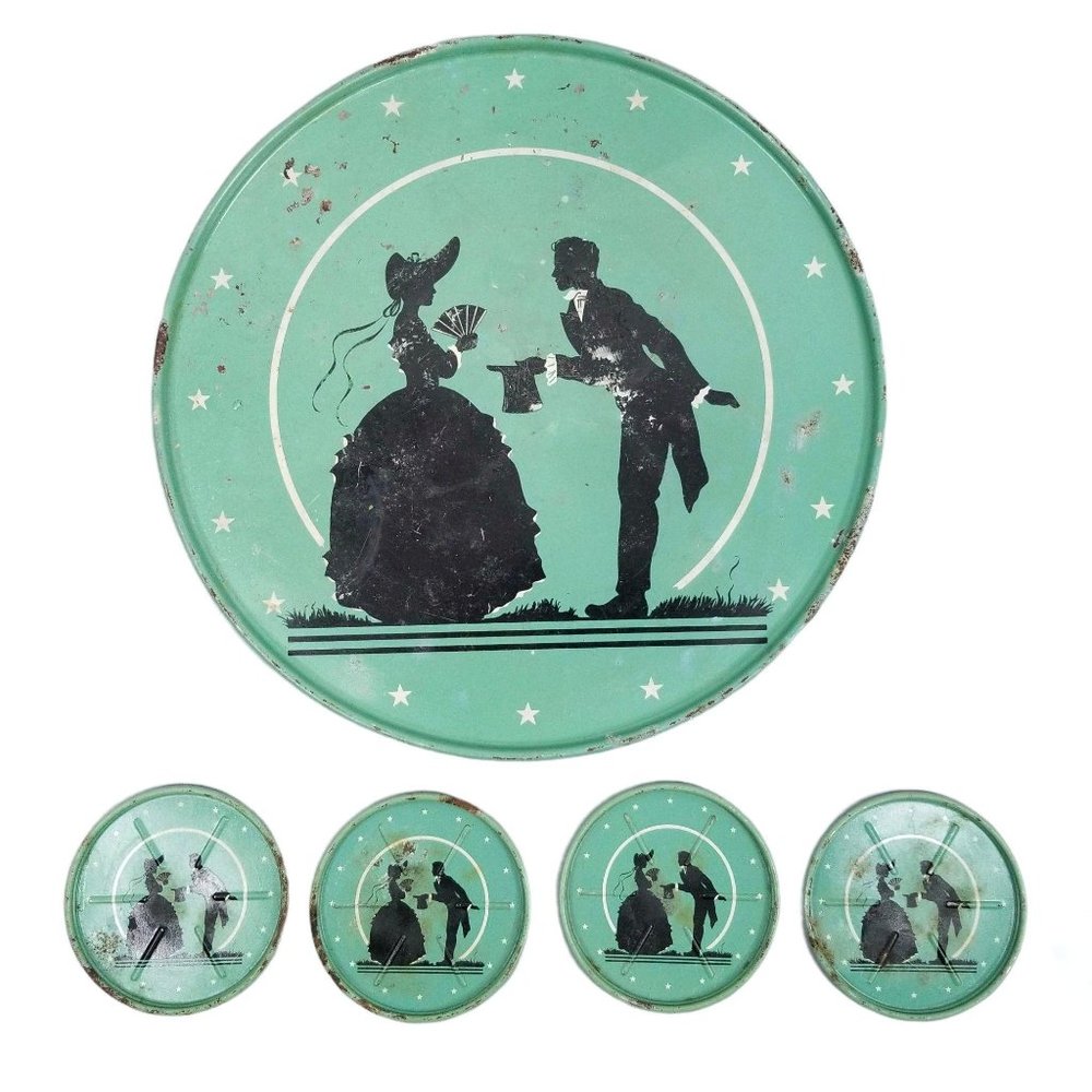 Vtg Round Tin Metal Serving Tray Coasters Barware
